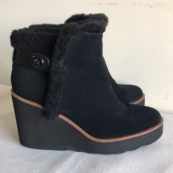 Coach size 8B Wedge Bootie Kingston black suede fun fur wedge heel bootie turn k - Picture 12 of 13